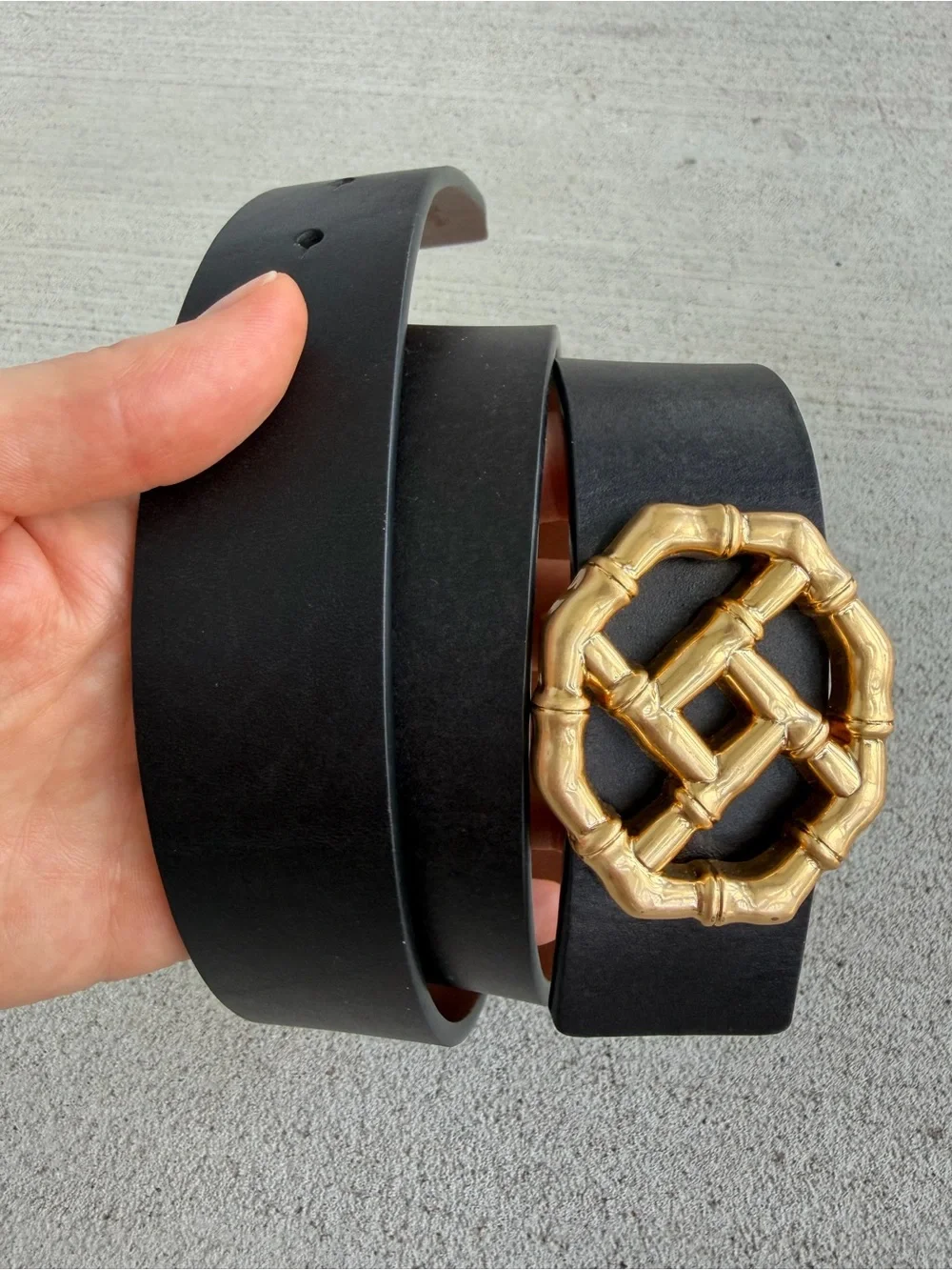 Jr Laughlin Black Leather Belt Gold Bamboo Buckle Size S 38” Wide StatementWaist